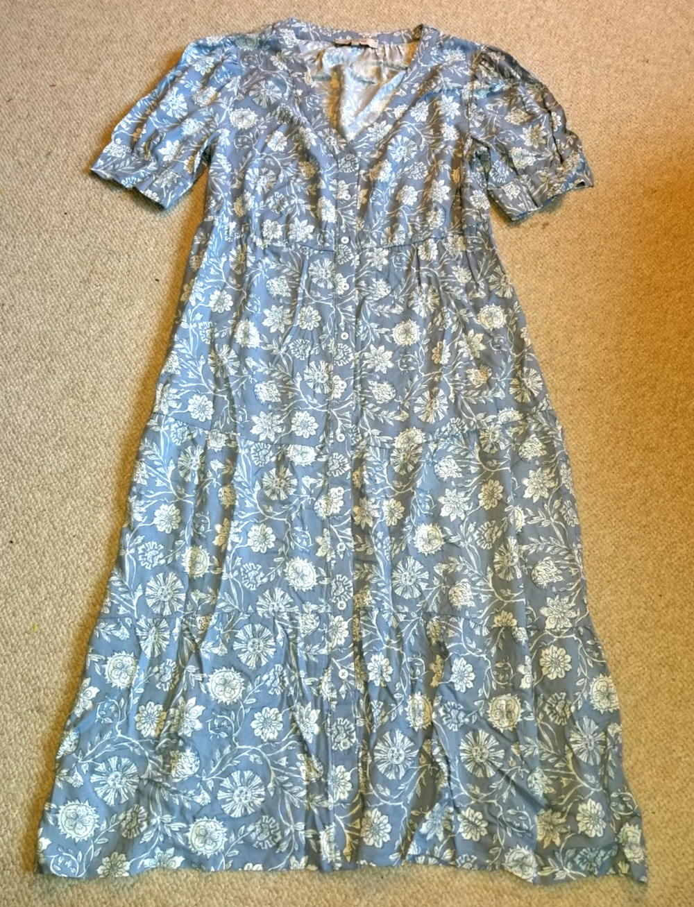Womens Dress-CASA CABANA-blue/white floral empire waist midi Cottagecore BOHO-M